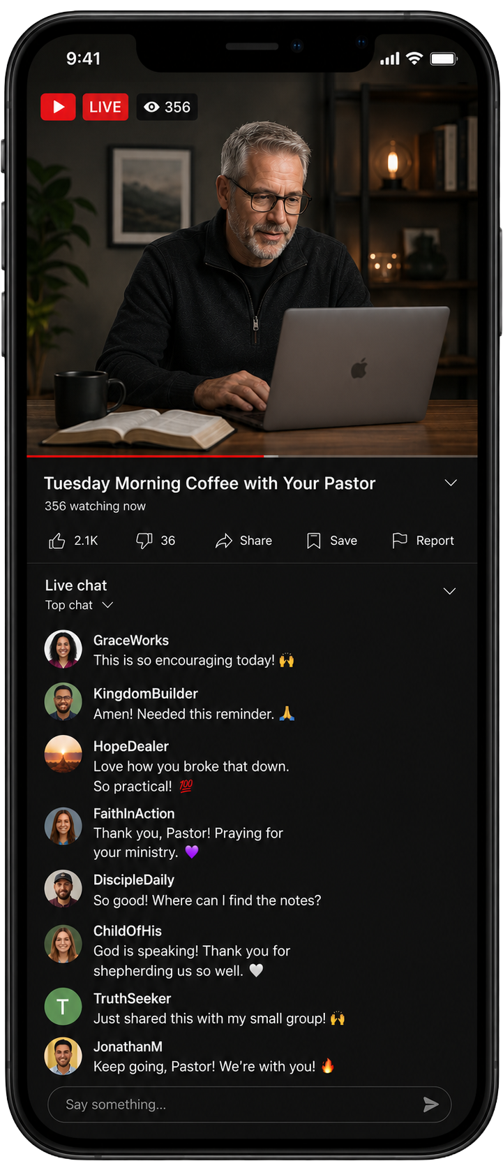 A man with gray hair and glasses participating in a live virtual church service titled 'Tuesday Morning Coffee with Your Pastor.' He has a laptop and an open book in front of him, with a black mug nearby. The background shows a cozy room with a bookshelf, framed picture, and warm lighting.