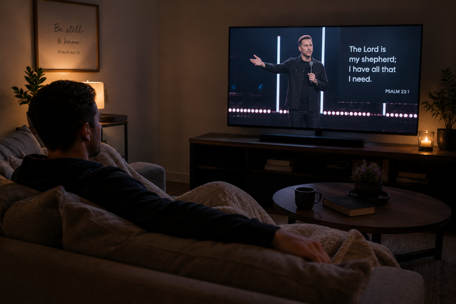 Person watching TV in a dimly lit living room with a scripture verse on the wall and a candle on a side table.