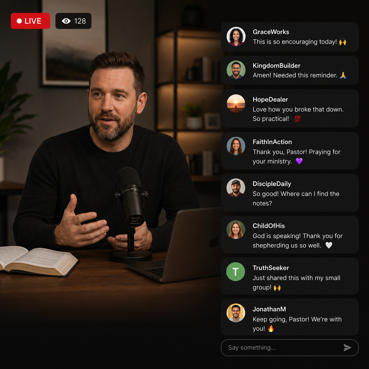 A man with a beard and short hair sitting at a table with a microphone, an open book, and a laptop. He is speaking during a live video stream with 128 viewers, engaged in a chat with comments from various viewers.