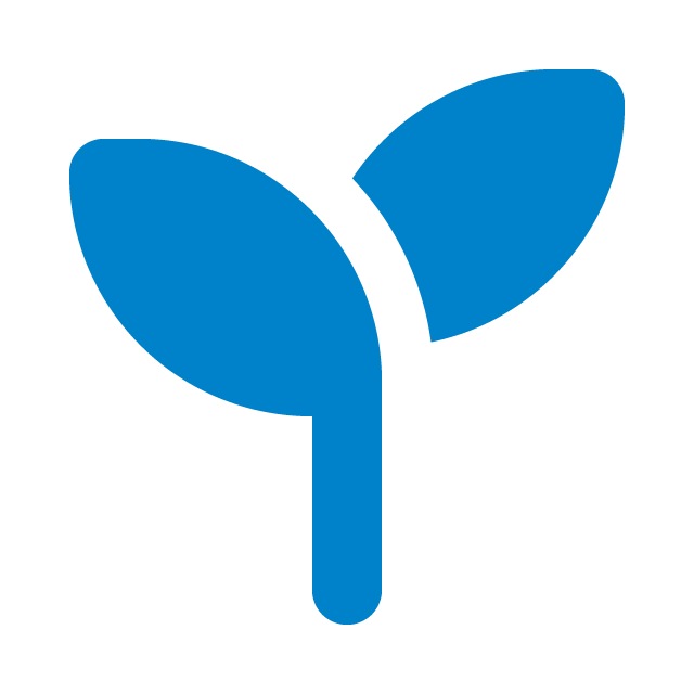 A minimalist blue logo with two leaves and a droplet, forming a stylized plant or growth symbol.