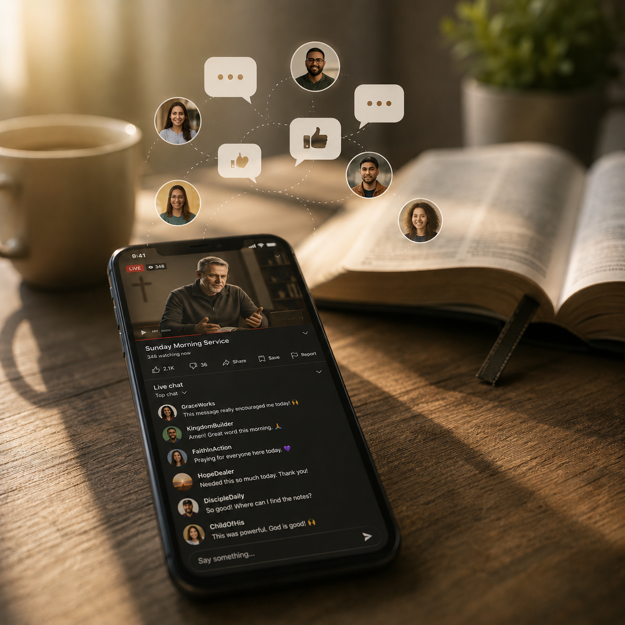 Smartphone displaying a live stream of a religious service with comments, placed on a wooden table next to an open Bible, a coffee mug, and graphic icons of people's profile pictures with speech and thumbs-up symbols.