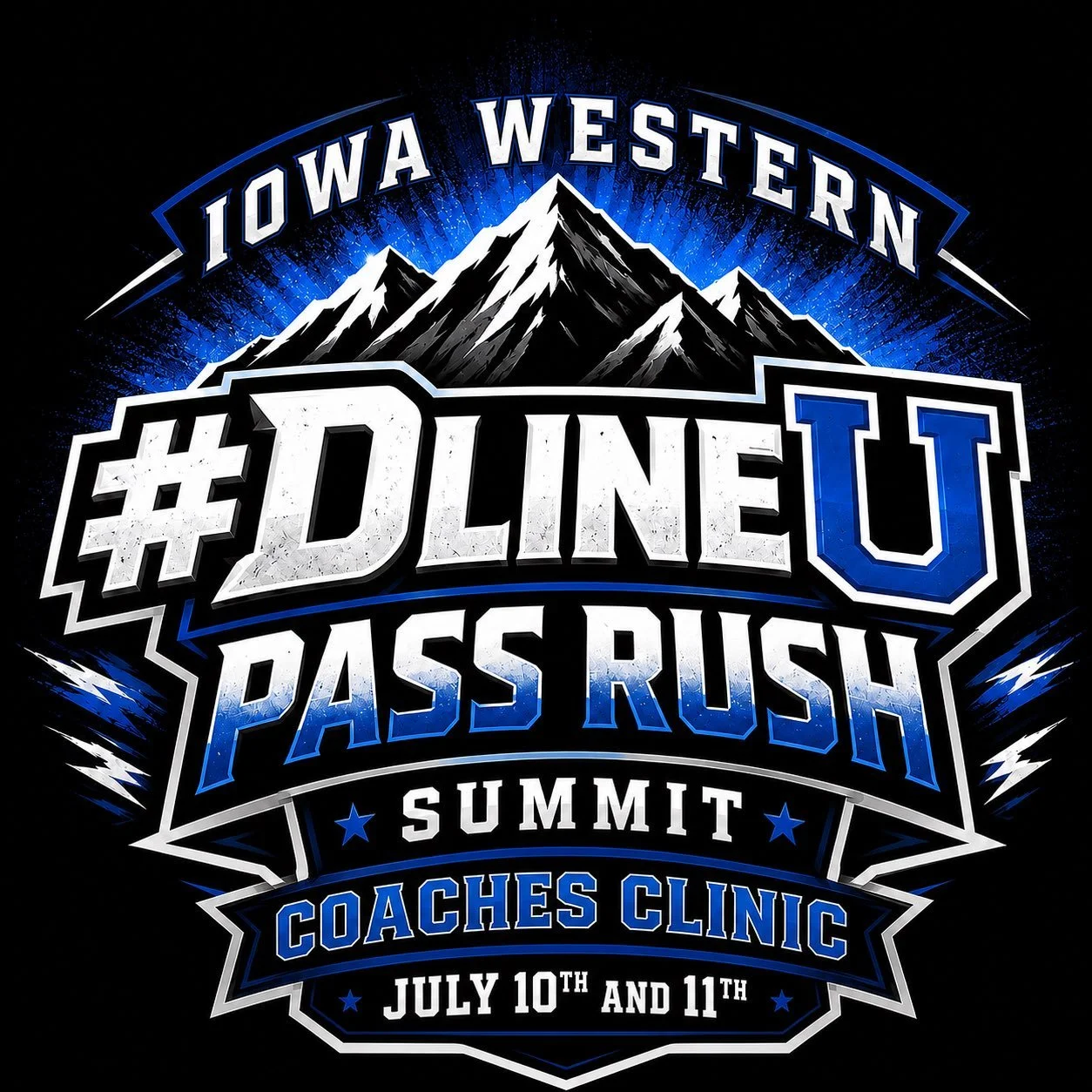 Event poster for the Iowa Western #DLineU Pass Rush Summit and Coaches Clinic, held on July 10th and 11th, featuring a mountain graphic and blue, white, and black color scheme.