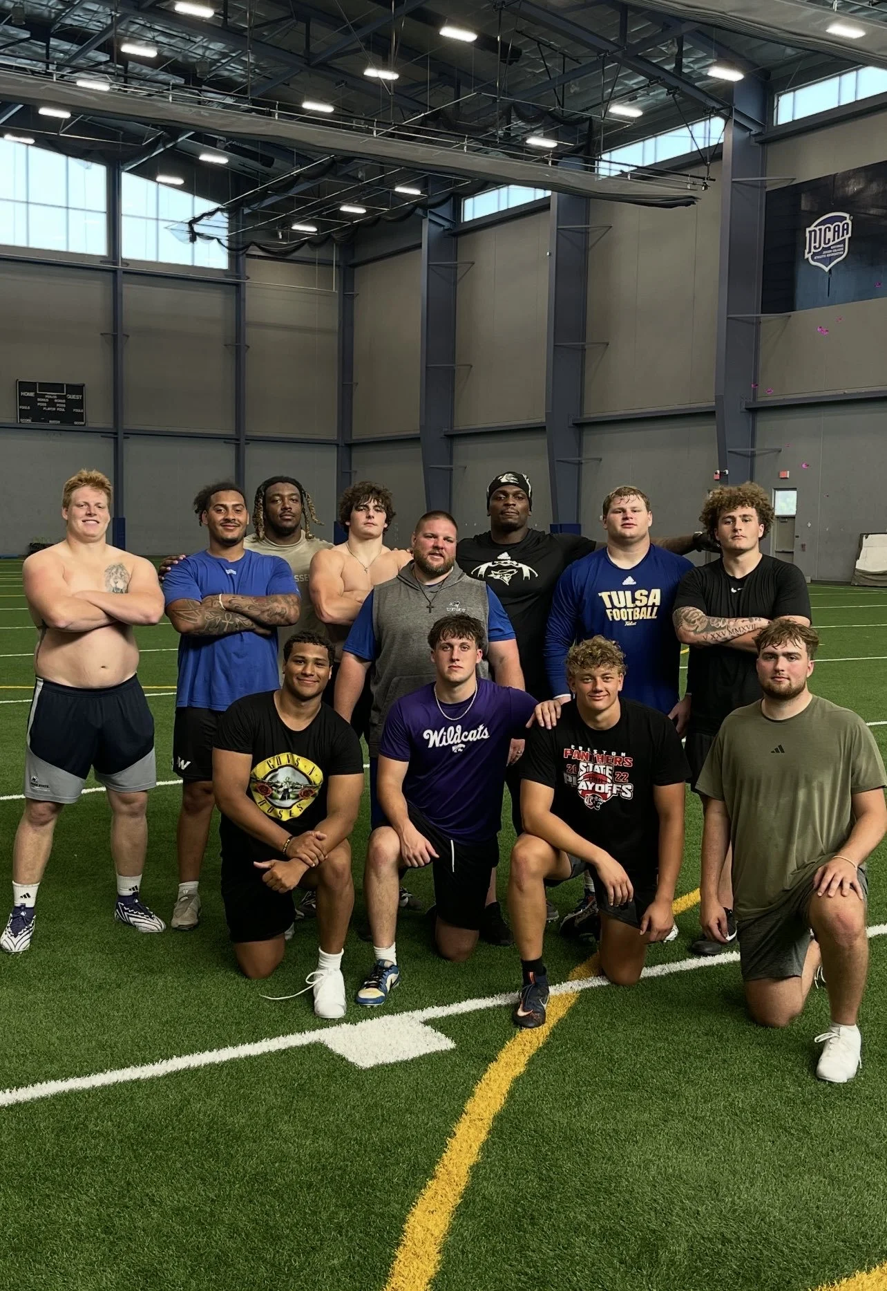 #DLineU Pass Rush Summit with former, current, and future Iowa Western Football players. Jordan Van Den Berg, Pheldarius Payne, Joe Hjelle, Perrion Winfrey, Coach Aaron Terry, Blake Hawkins