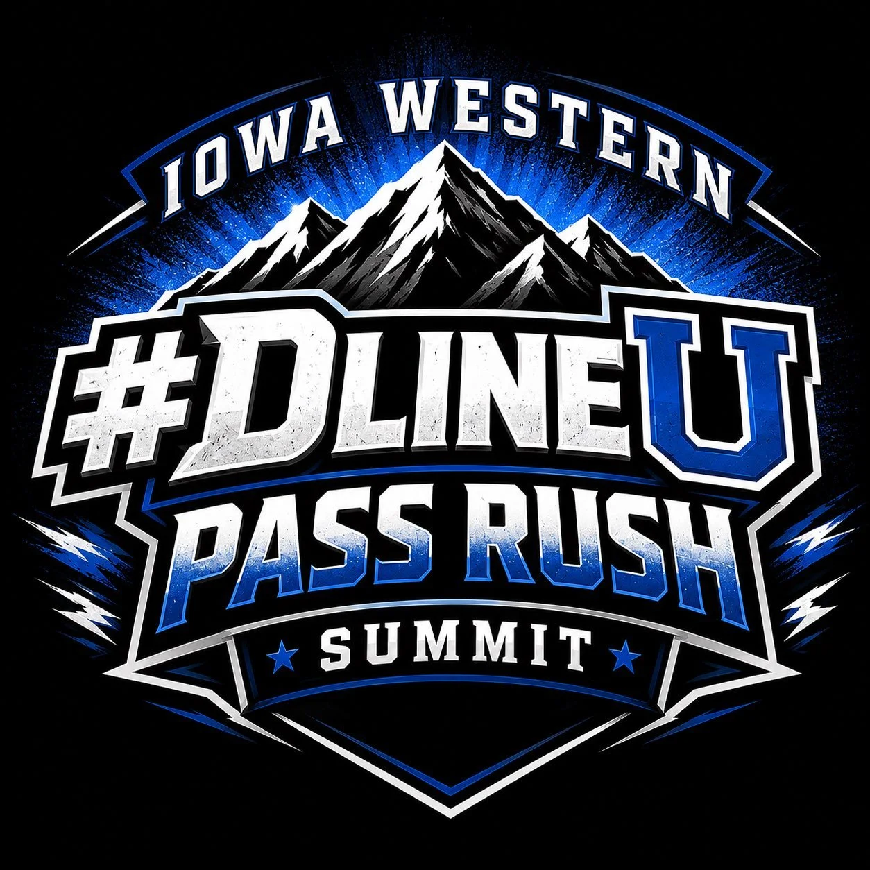 A graphic design with a mountain and the text Ira Western #DLU Pass Rush Summit with blue, black, and white colors.