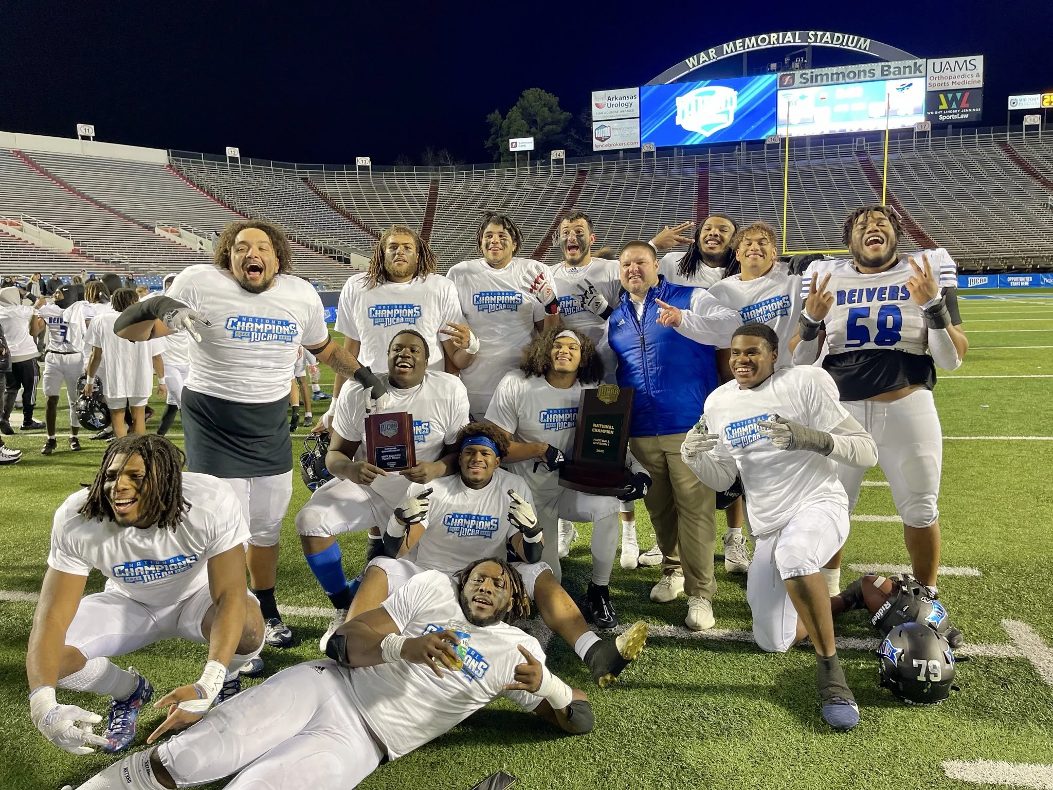 2022 Football National Champions Iowa Western, #DLineU Coach Aaron Terry, Bobby Travis, Anterio Thompson, with National Championship Trophy