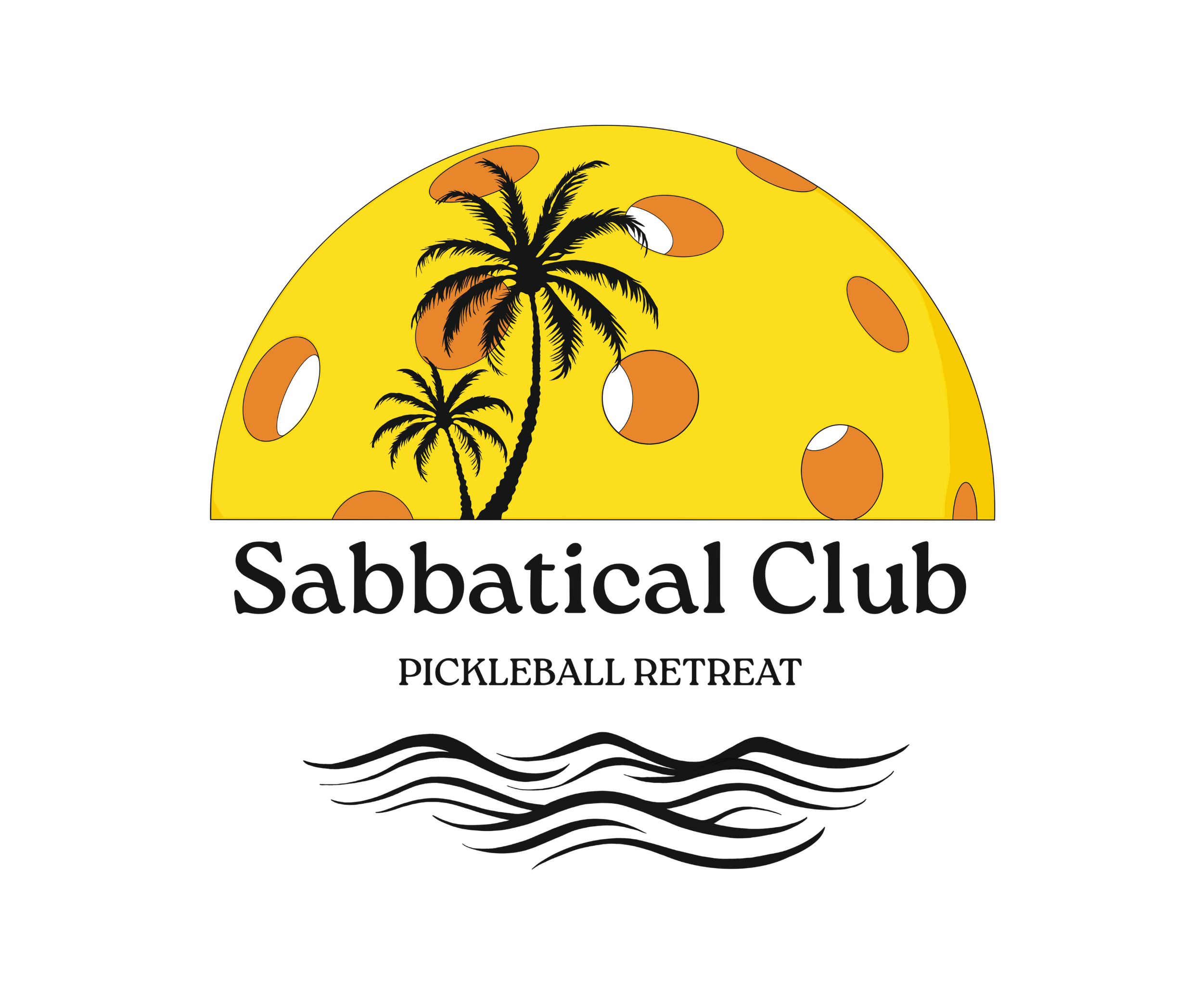 Logo for Sabbaticlub featuring a yellow watermelon sliced in half with a black palm tree and orange seeds on black background, with black text reading 'Sabbaticlub picklebull retreat'.