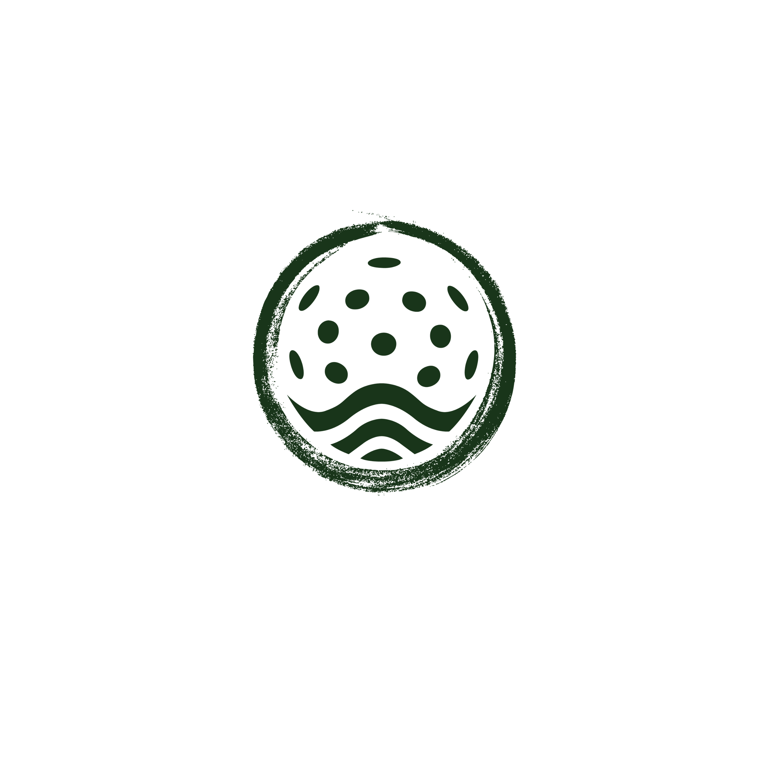 A black background with a green, sketch-like illustration of a tennis ball, featuring circular holes and a curved line representing the ball's seam.