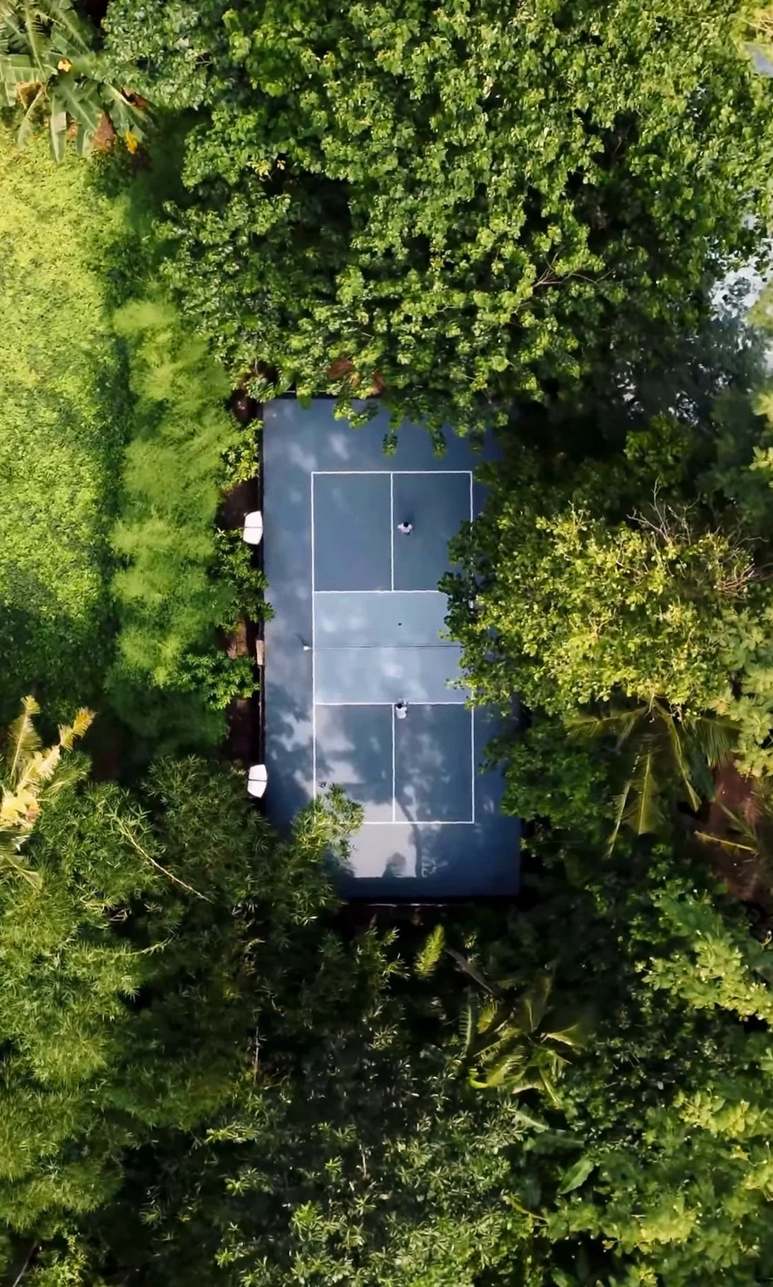 Aerial view of a tennis court surrounded by dense green trees.