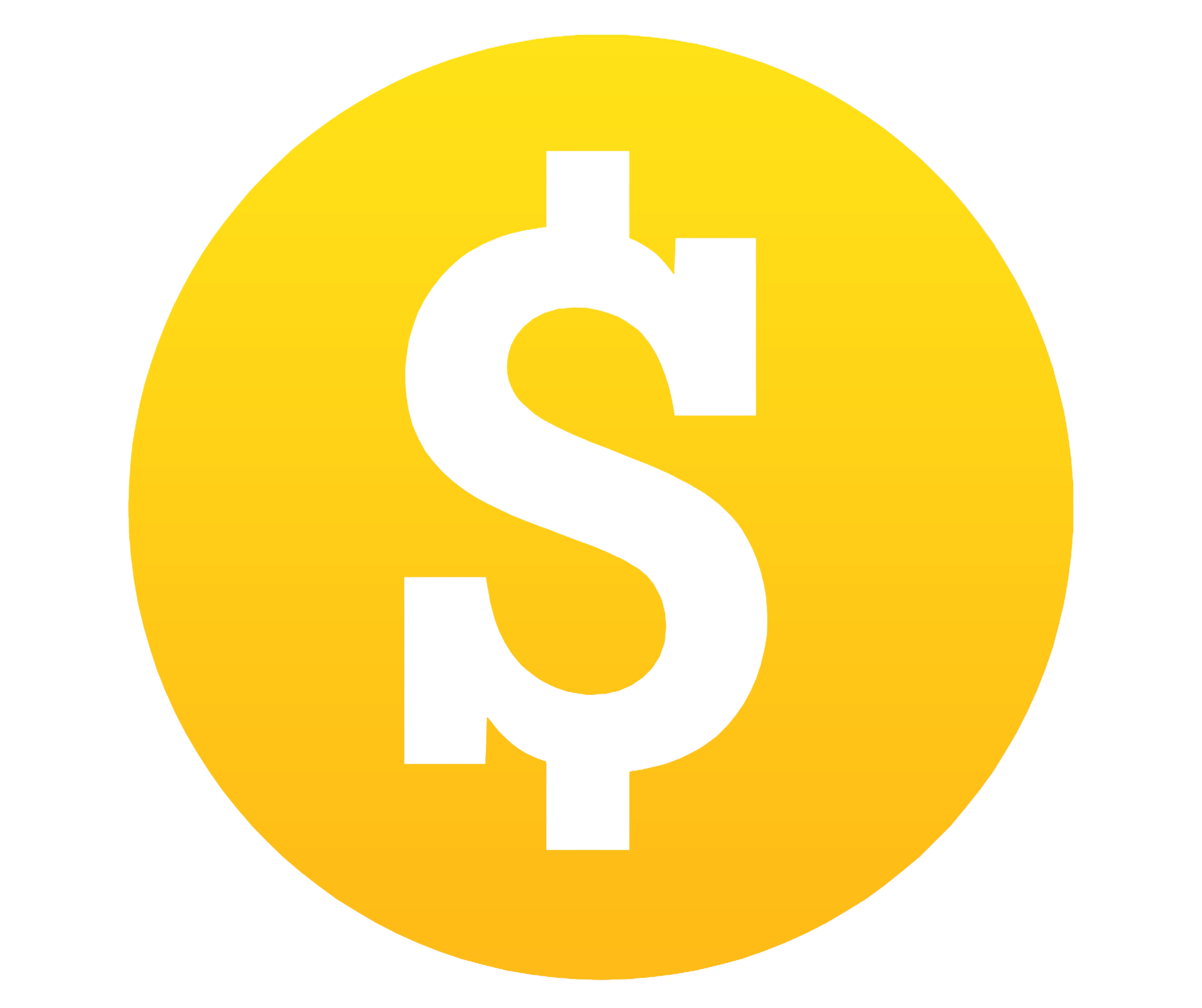 A yellow circle with a black dollar sign in the center