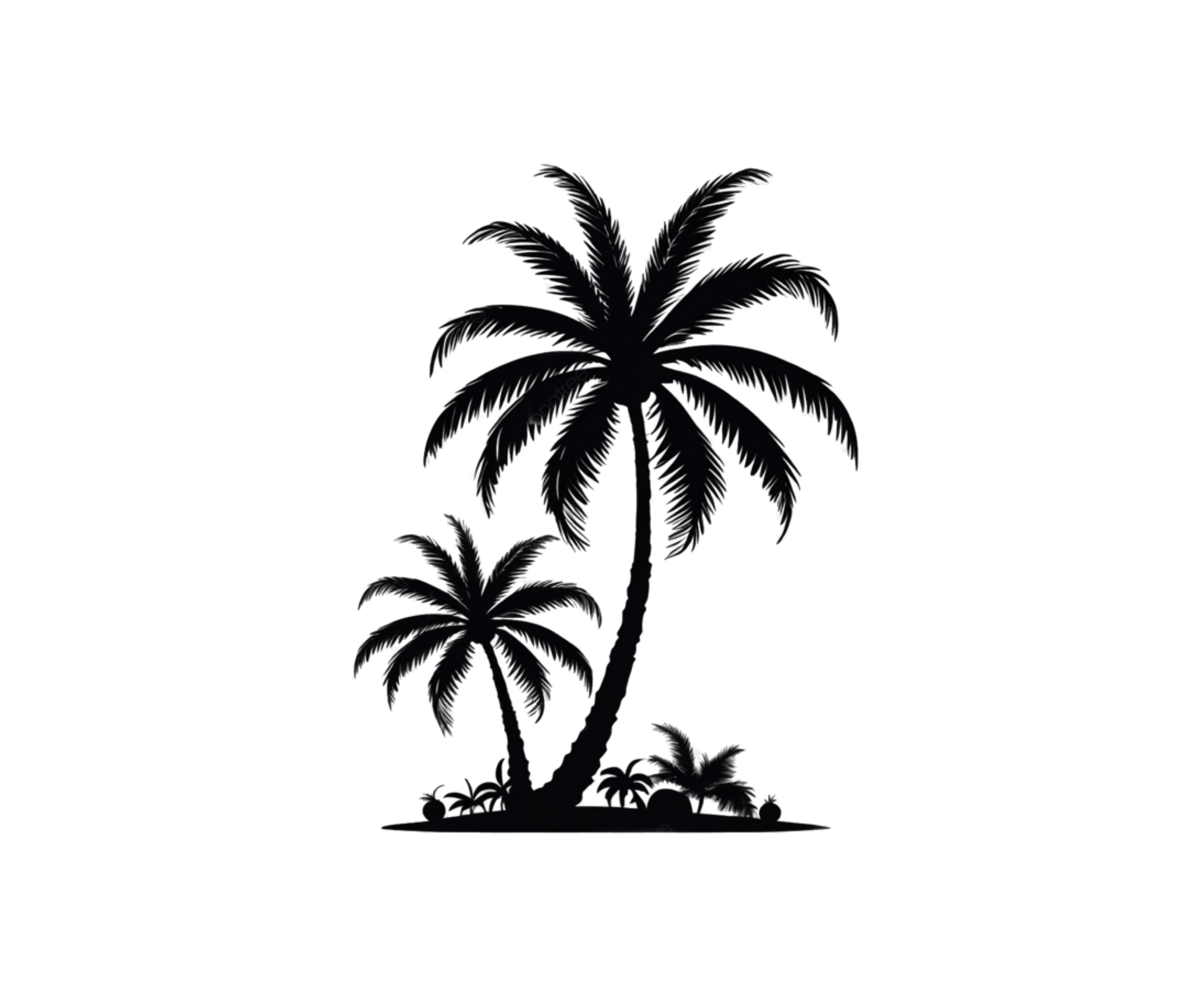 A dark silhouette of a palm tree against the night sky with city lights in the background.