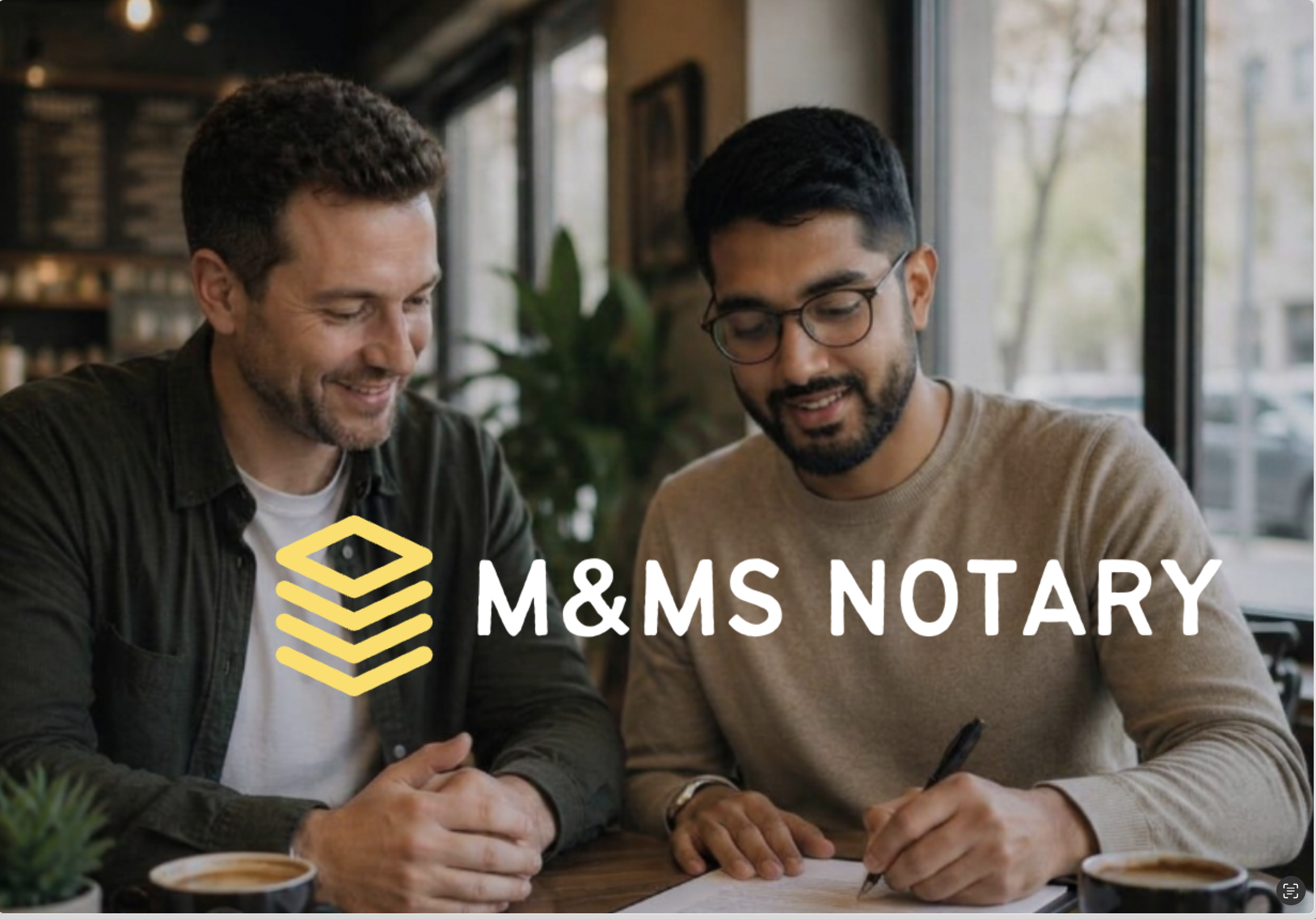 Two men sitting at a table in a cafe or restaurant, smiling and looking at a phone or device together. The photo includes a overlay text saying 'M&M'S NOTARY' with a yellow stack icon.