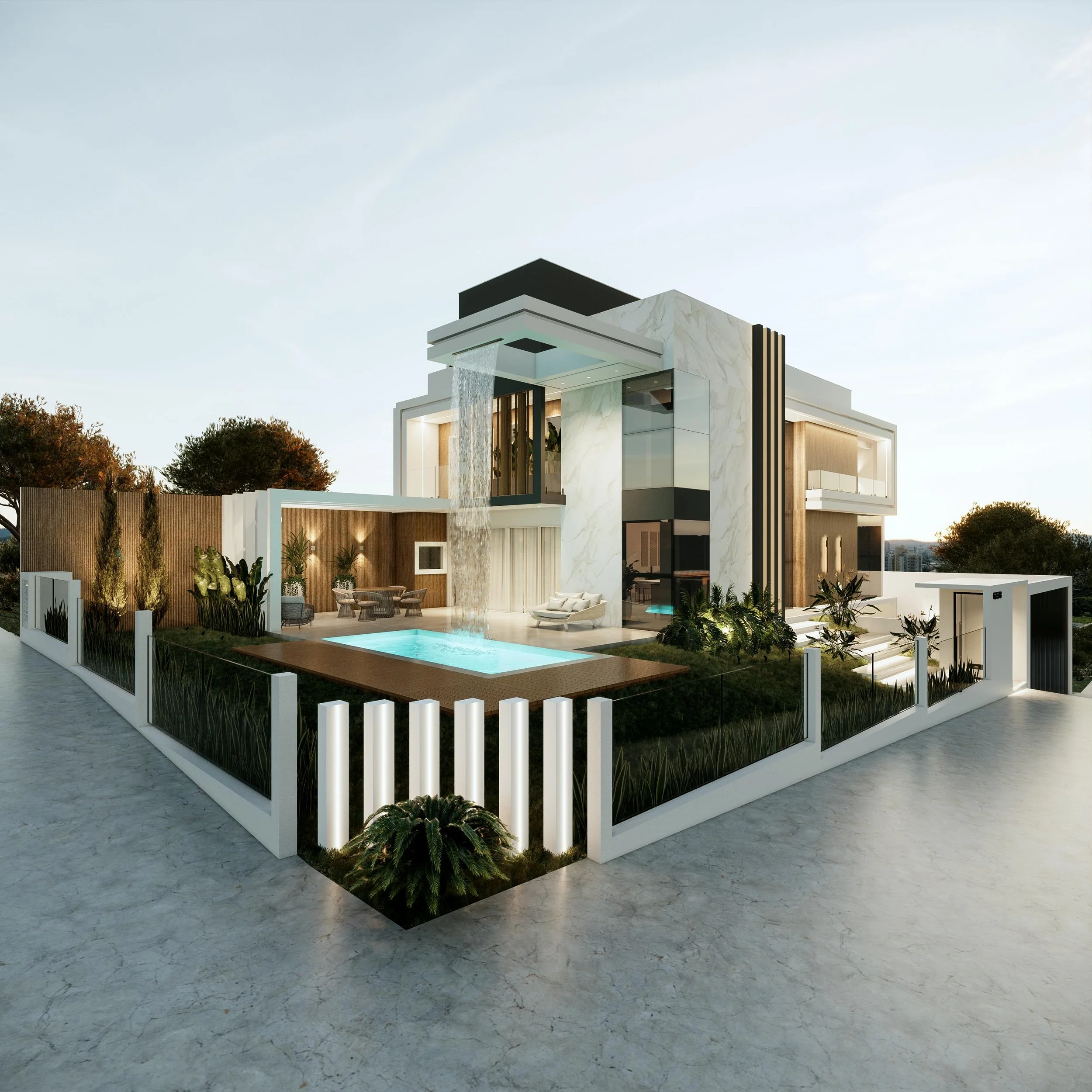 Modern house with a white and black exterior, water feature, outdoor seating, and lush landscaping.