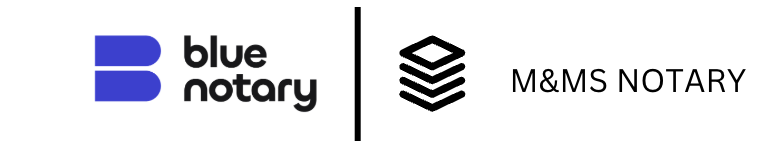 Logo of Blue Notary and M&MS Notary side by side separated by a vertical line