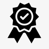 Black and white award badge with checkmark inside a circle at the top and ribbon below