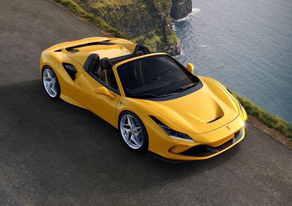 Yellow convertible sports car parked on a road near a cliff overlooking the ocean.
