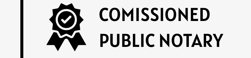 Seal with a check mark and ribbons, alongside the text "Commissioned Public Notary".