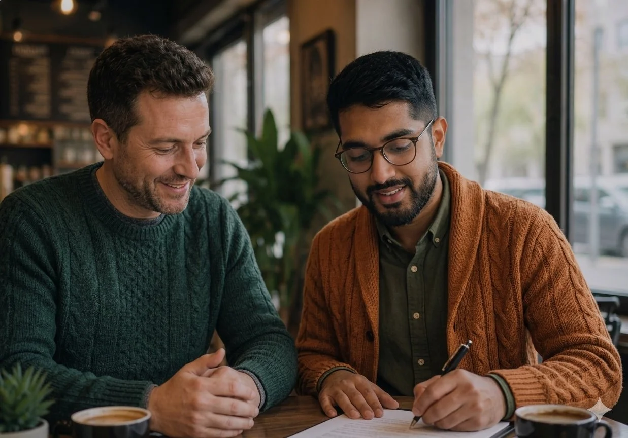 Two men discussing paperwork at a cafe table, with coffee cups and a pen.