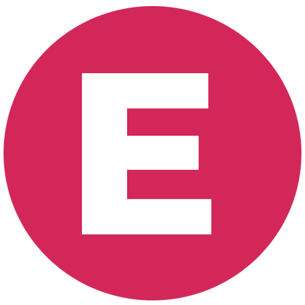 White letter E on a pink circular background.