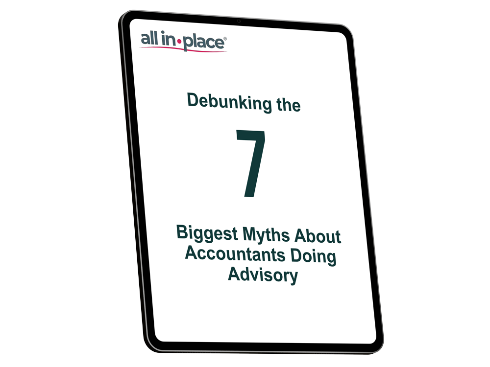 A tablet screen displaying a book cover titled "Debunking the 7 Biggest Myths About Accountants Doing Advisory" by all in.place.