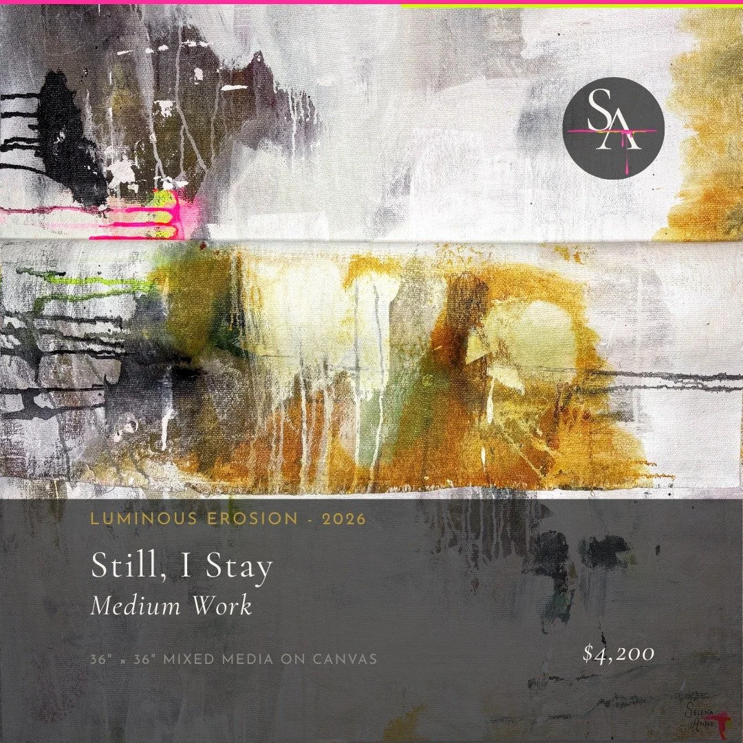 Some paintings refuse to stay flat.

Still, I Stay began the way they all do &mdash; a surface built in layers, soft neutrals holding their ground, two dark masses dissolving into atmosphere. The exhale after disruption. The piece that does not leave