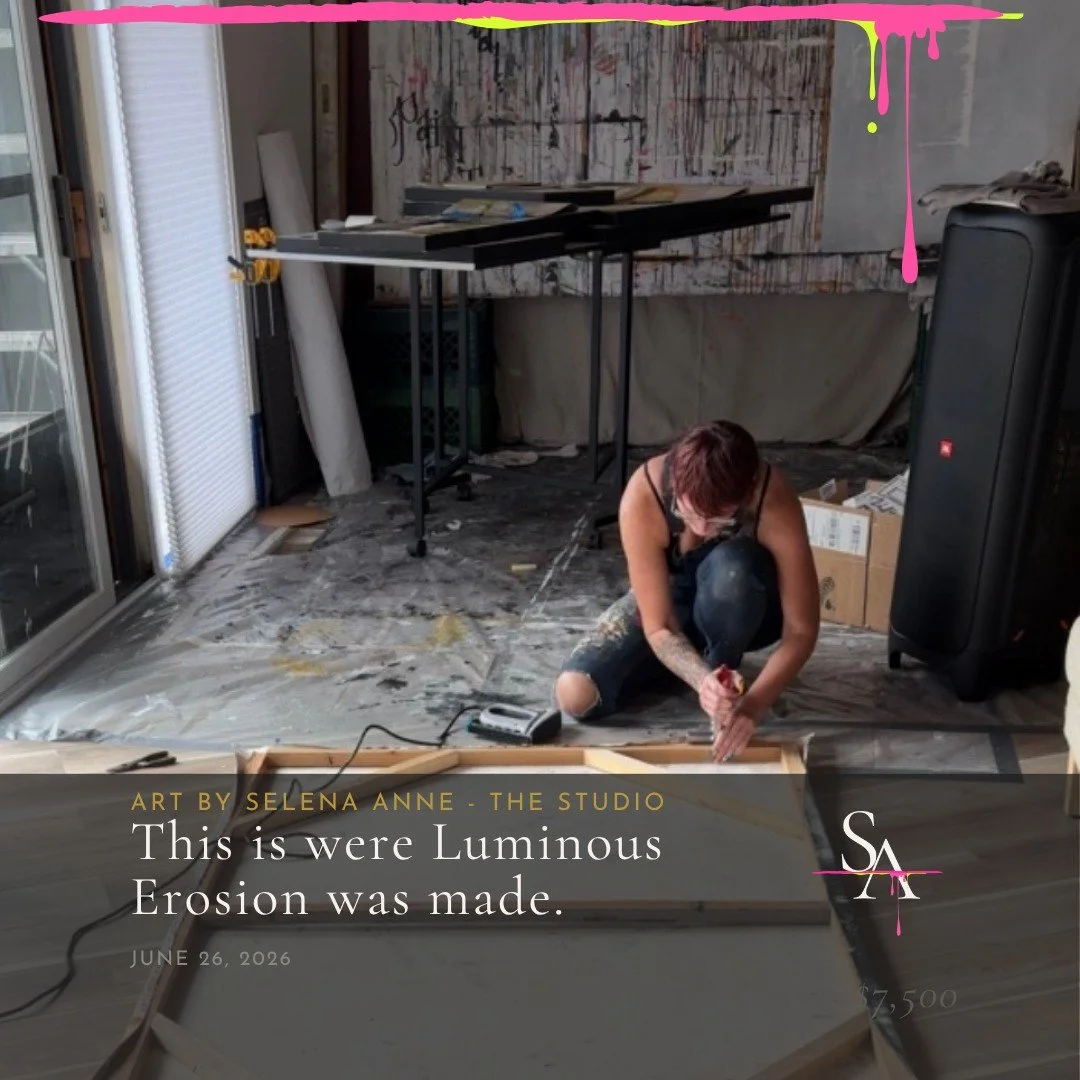This is where Luminous Erosion was made.

Layered acrylic scraped back. Charcoal ghosted over pastel. Water carrying color where it needed to go. Fourteen paintings built in this room, broken open, and rebuilt.

The painted floor is not an accident. 
