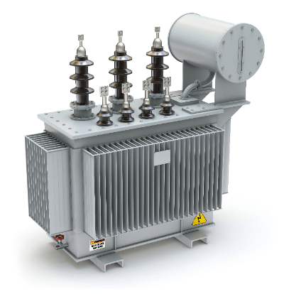 Transformador eléctrico industrial de gran tamaño con componentes aislantes y devanados.