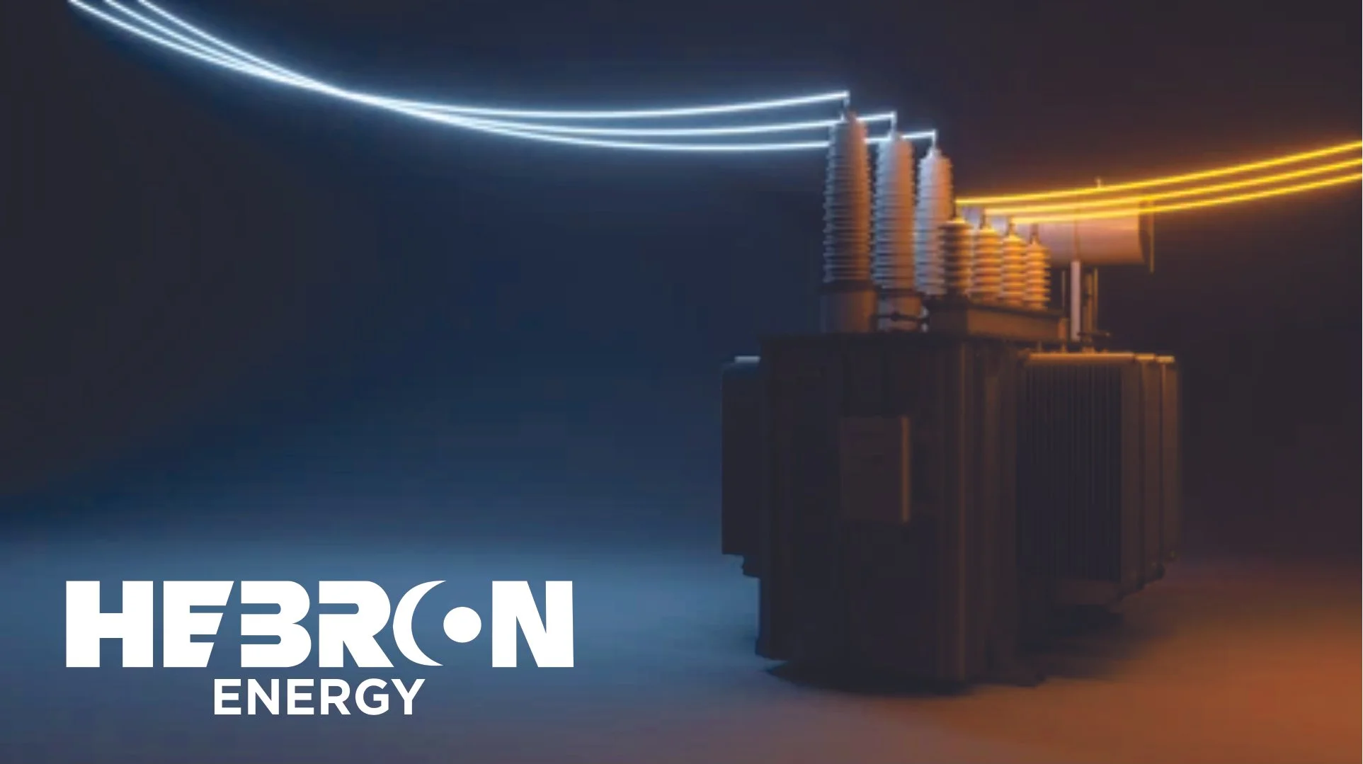 Imagen de un generador de energía eléctrica con líneas de electricidad saliendo de él, en tonos oscuros y luces azules y amarillas, con el texto 'HERON ENERGY' en la parte inferior izquierda.