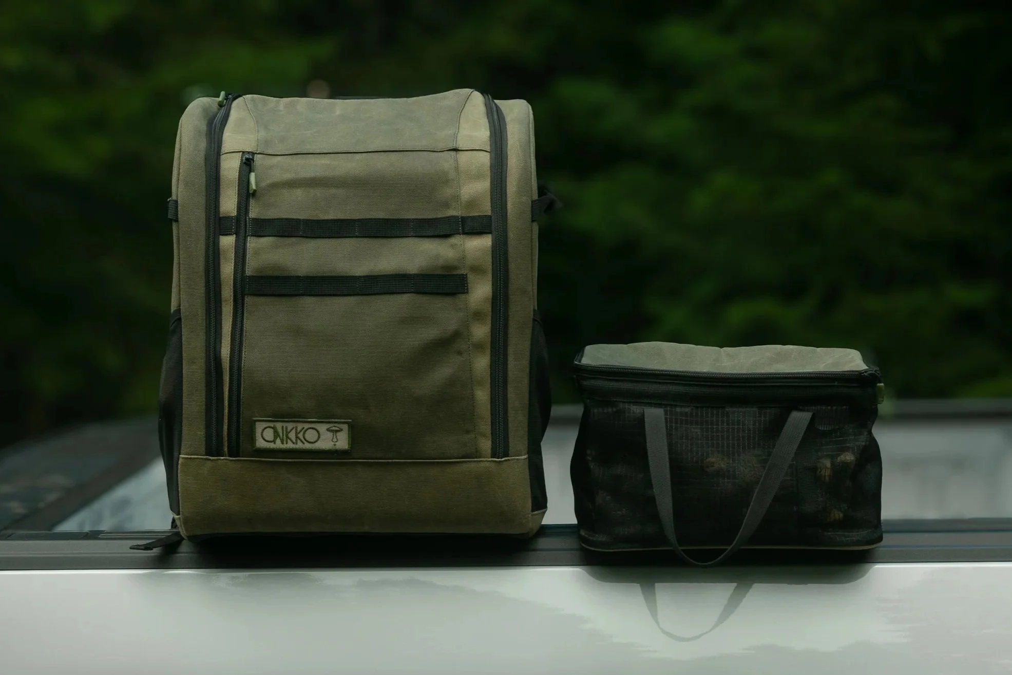 A foraging backpack and foraging basket places on the side of a truck with with blurred green trees background.