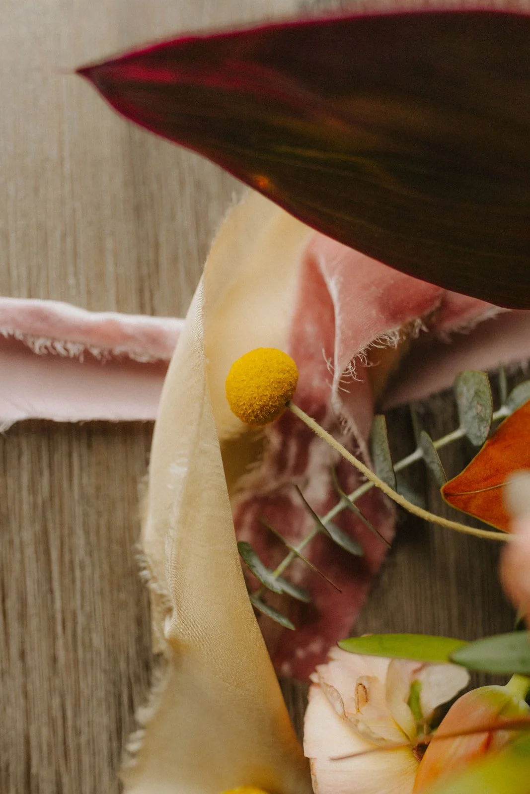 Close-up of assorted dried flowers and leaves on a wooden surface, including a yellow billy button flower, pink and green foliage, and a dark leaf.