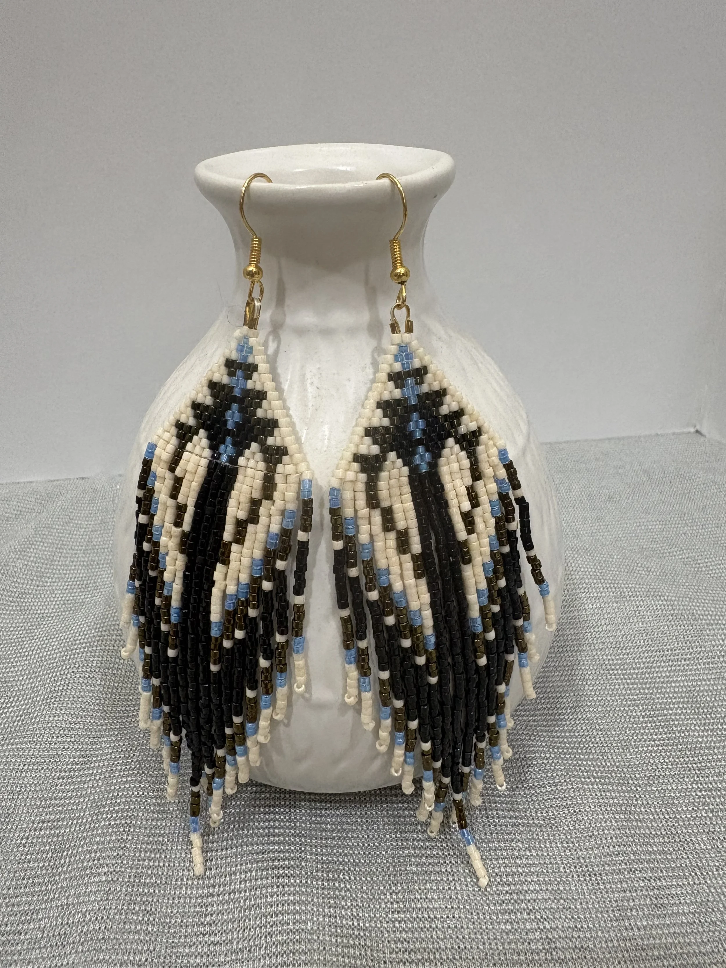 Western Spirit handmade beaded fringe earrings in ivory, black, soft blue and bronze