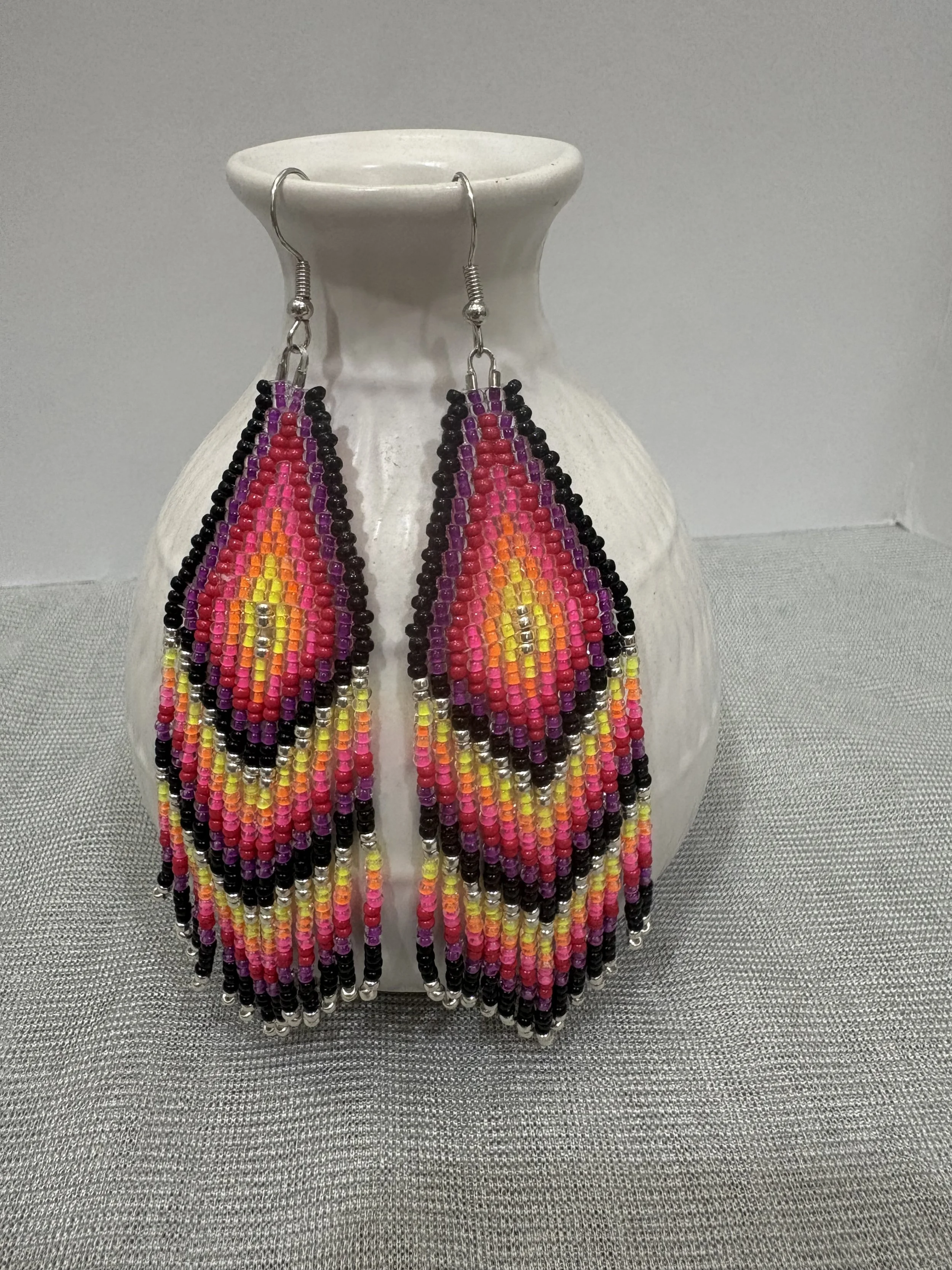 Desert Bloom Glow colorful handmade beaded fringe earrings in pink purple orange and yellow