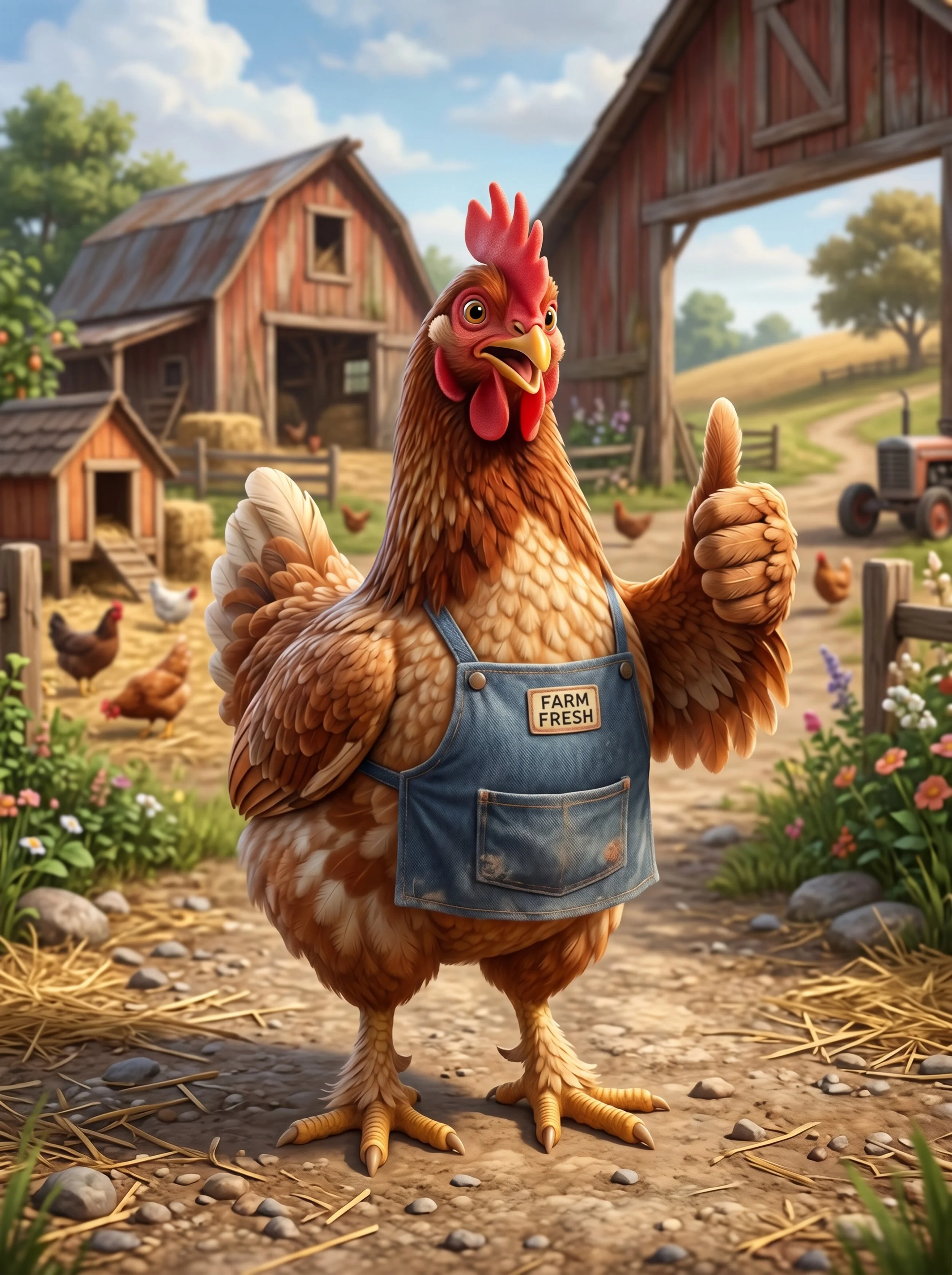 A cartoon chicken wearing denim overalls with a