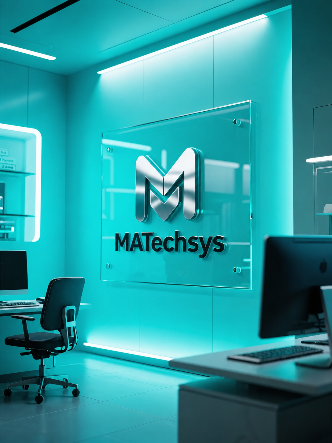 Sala moderna de oficina con paredes de luz azul y un logotipo de MATechsys en la pared, con escritorios, computadoras y sillas de oficina.