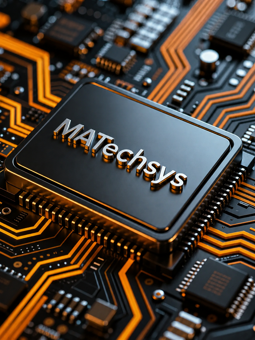 Chip de computadora con la palabra 'MATECHSYS' en el centro, rodeado de un circuito impreso en colores negro y naranja.