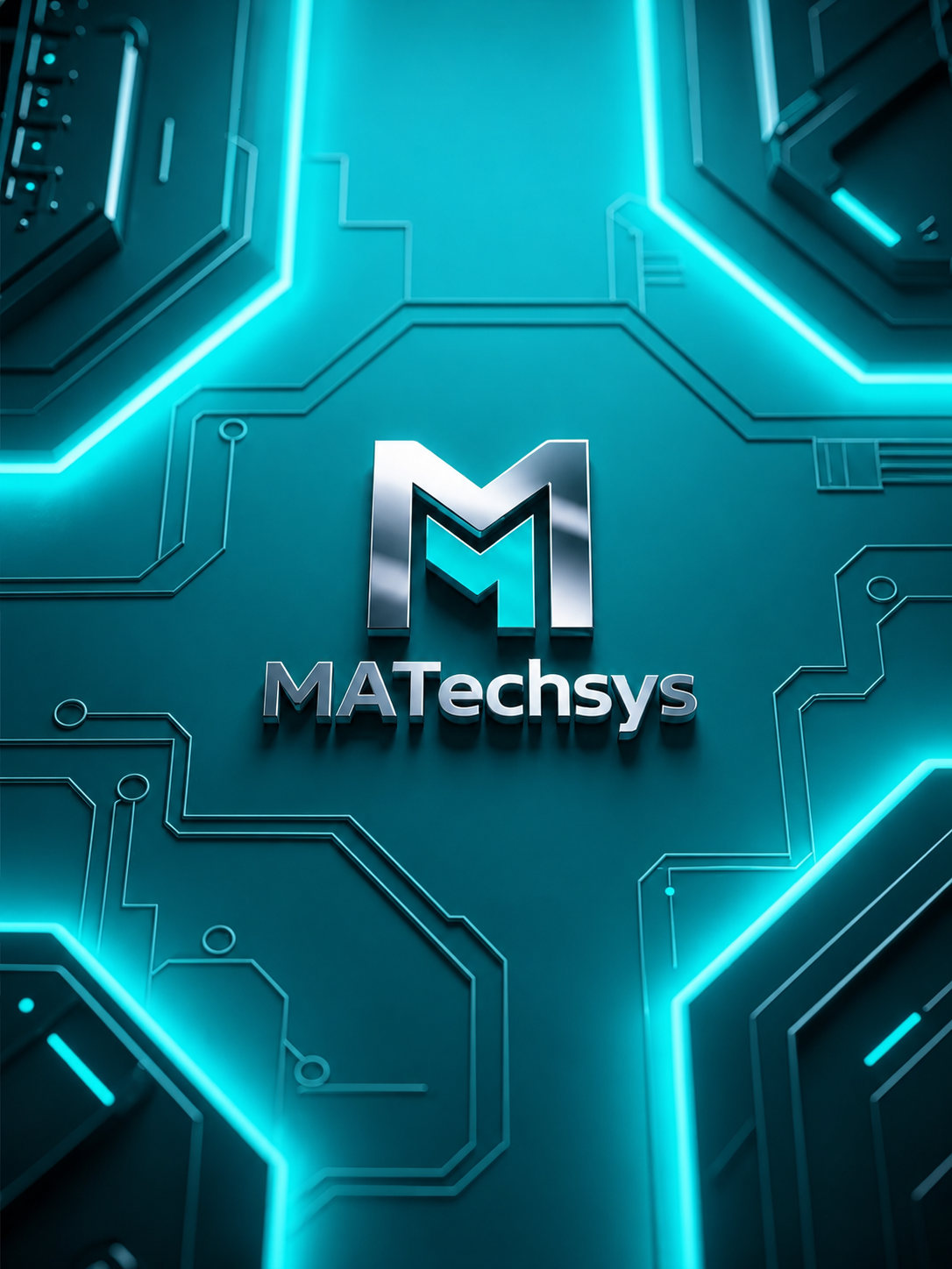 Logotipo de MAtechsys con un fondo futurista de circuitos electrónicos y luces de neón
