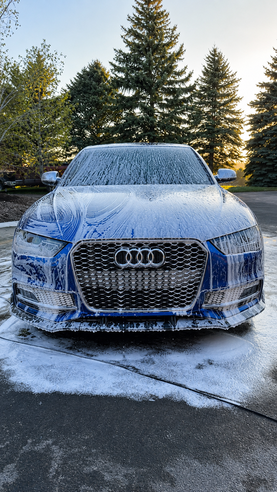Front view of a blue Audi car covered in soap suds during a car wash, with a background of tall evergreen trees and a clear sky.