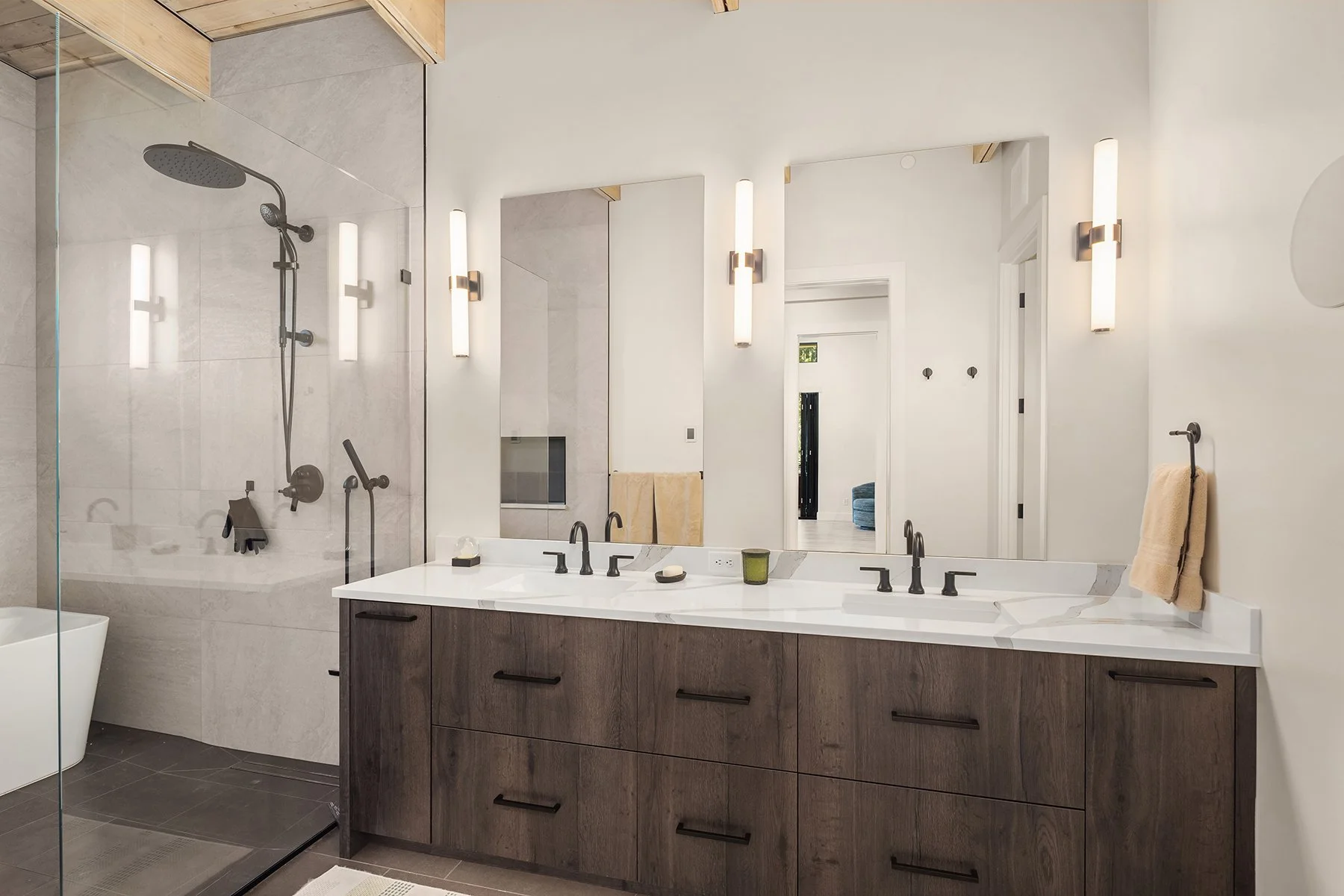 Dual vanities and heated floors