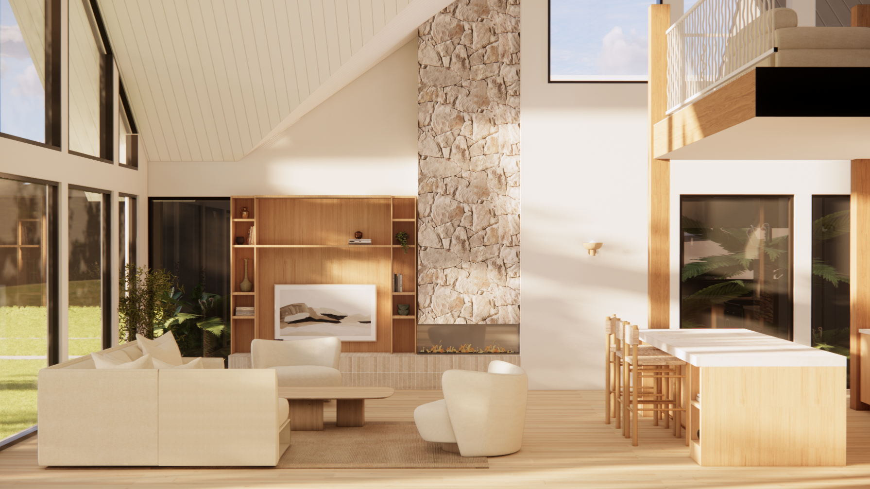 Modern living room with large windows, white sofa, beige armchair, wooden shelves next to a stone fireplace, and a kitchen area with bar stools and a window overlooking an outdoor garden.