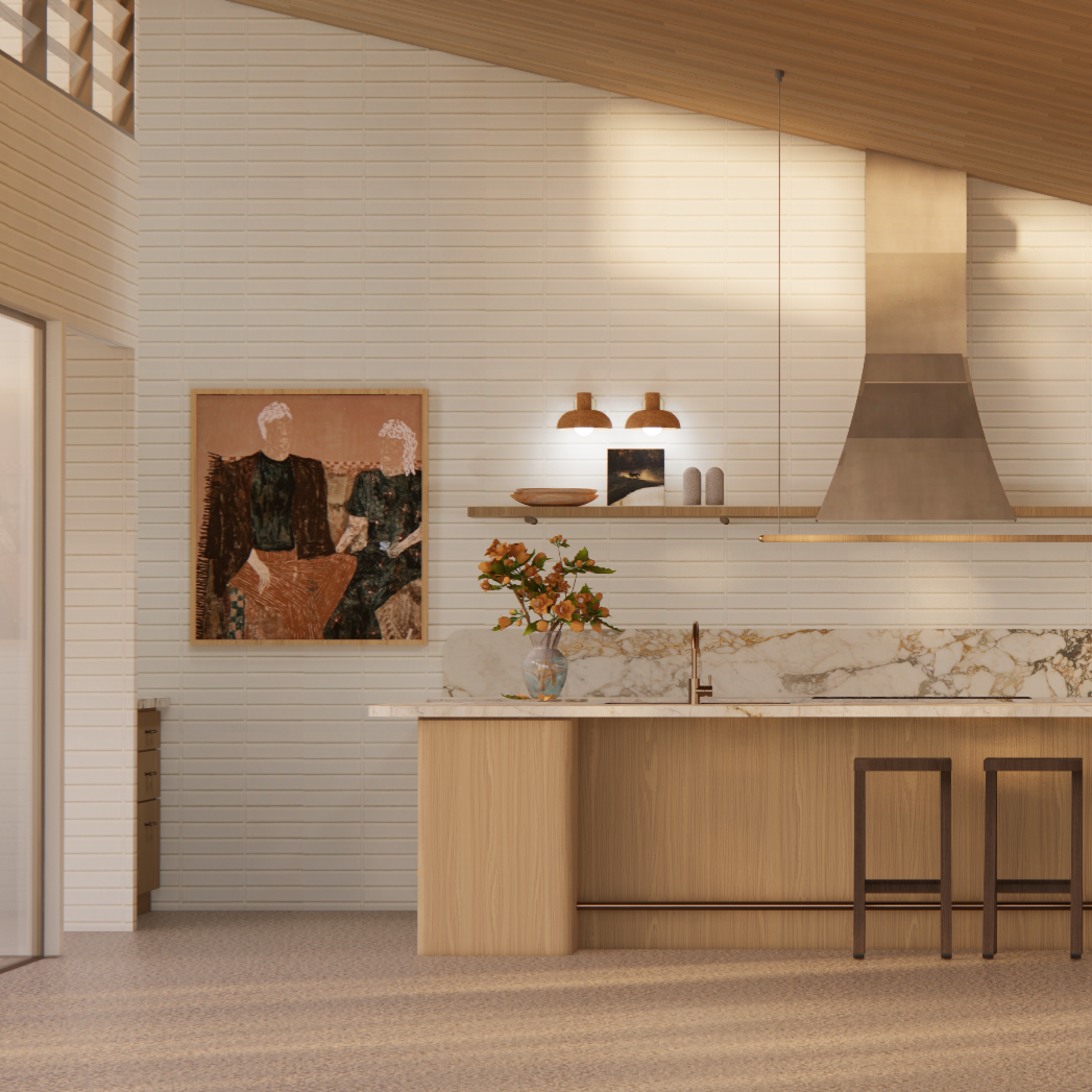 Modern kitchen with wooden cabinets, marble countertop, a vase with orange flowers, hanging pendant lights, a stainless steel range hood, and a piece of artwork on a white tiled wall.