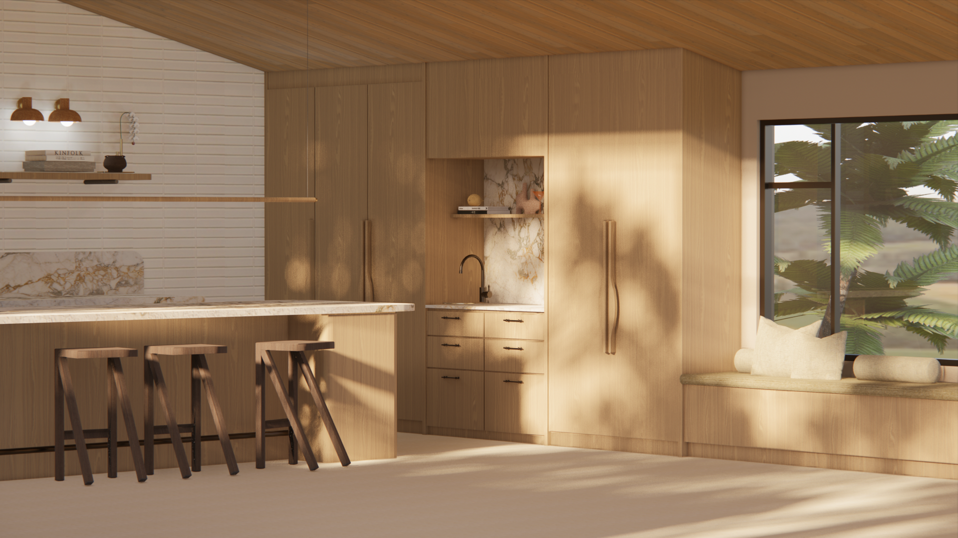 Modern kitchen and seating area with natural wood finishes, marble accents, a window with greenery outside, and barstools at a kitchen island.