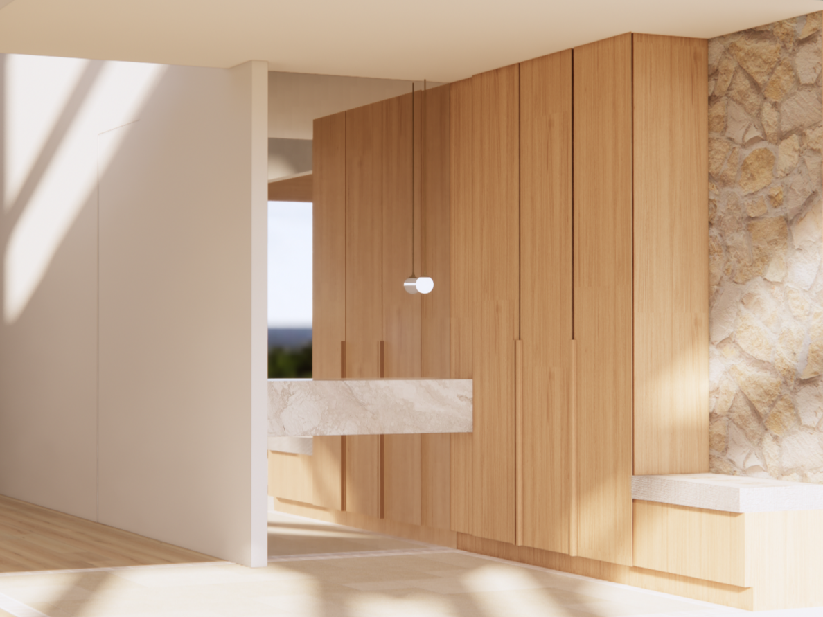 Interior view of a modern kitchen with wooden cabinets, a stone accent wall, and a hanging pendant light.