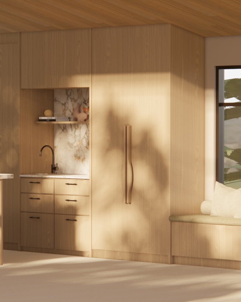 Interior view of a light wood kitchen with a built-in cabinet, marble backsplash, sink with a black faucet, open shelf with decorative items, window seat with a cushion, and sunlight casting shadows.