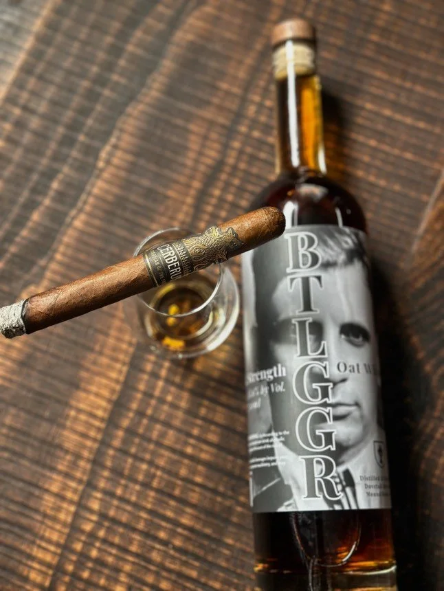 Award winning BTLGGR cask strength oat Whiskey goes great with cigars