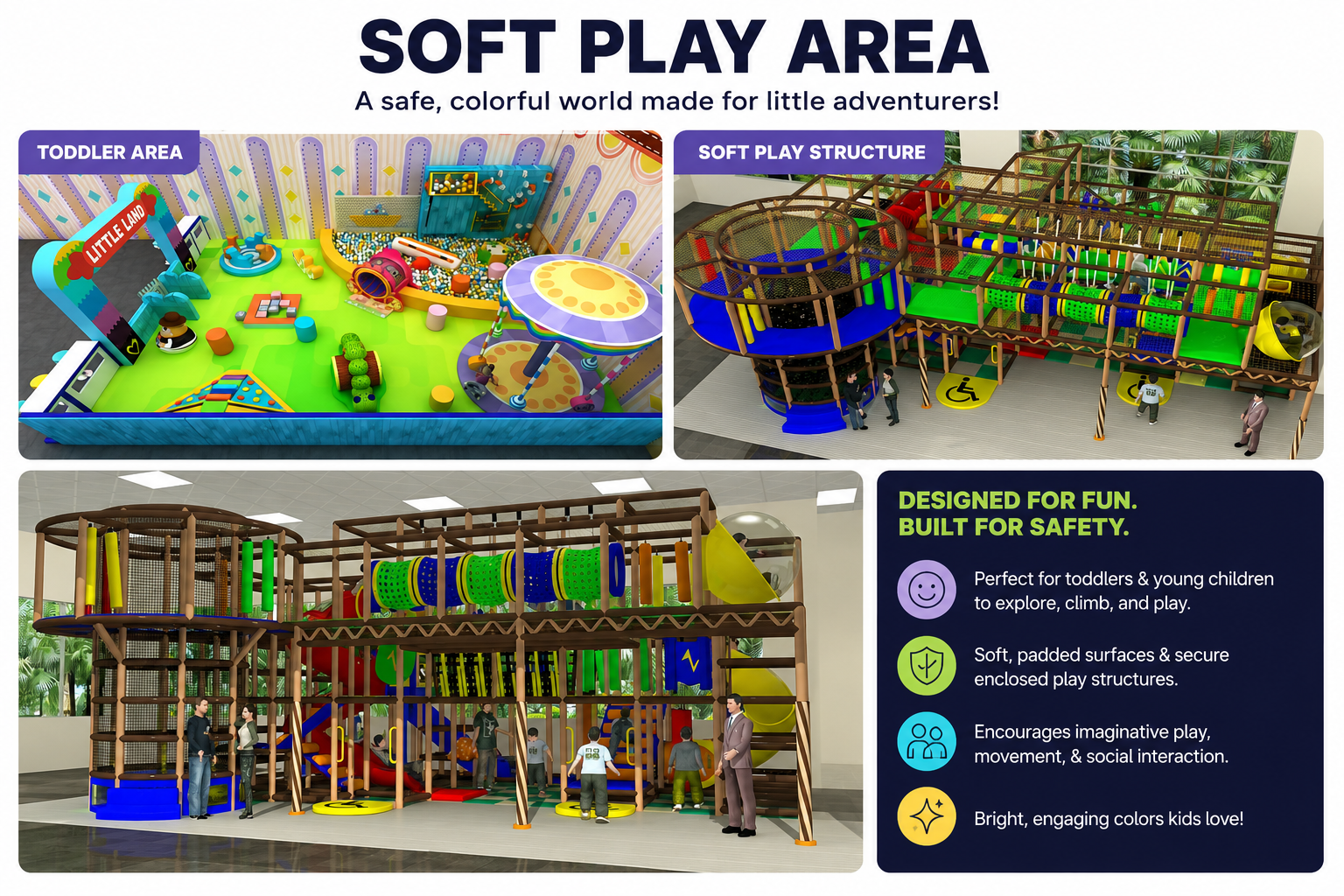 The image shows four different indoor soft play area designs for children, including a toddler section, a soft play structure, and a multi-level play zone, with colorful equipment, padded surfaces, and safety features. There are also people playing and supervising.