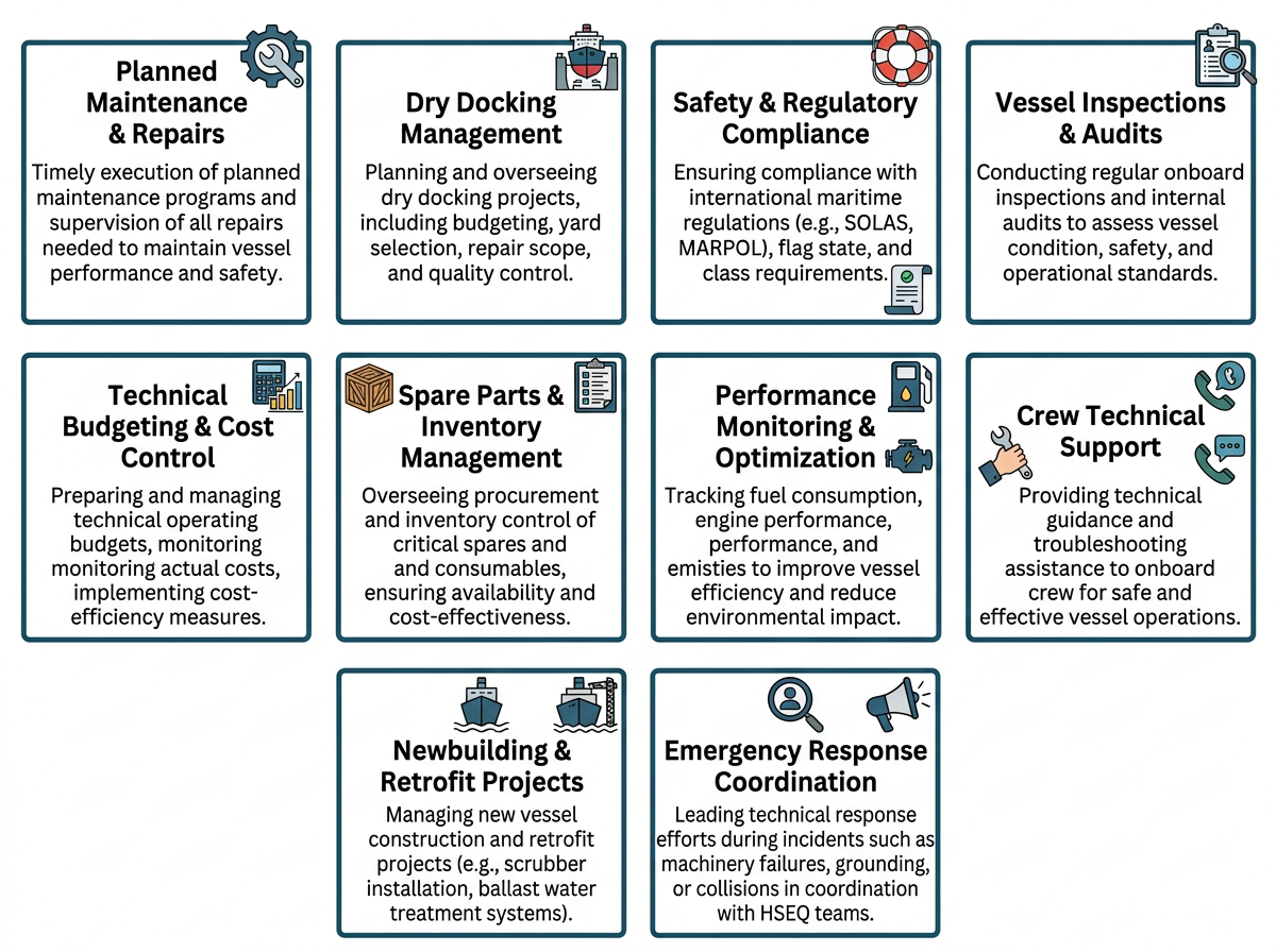 A flowchart infographic outlining key components of maritime vessel management, including planned maintenance, dry docking, safety compliance, vessel inspections, budgeting, spare parts, performance monitoring, crew support, retrofit projects, and emergency response coordination.