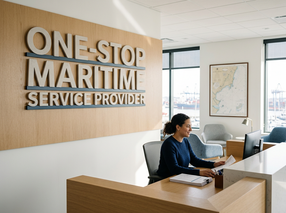 Office reception with a woman sitting at a desk, looking at a computer monitor, with a sign on the wall reading "One-Stop Maritime Service Provider." Large windows reveal a port with ships and cranes outside.