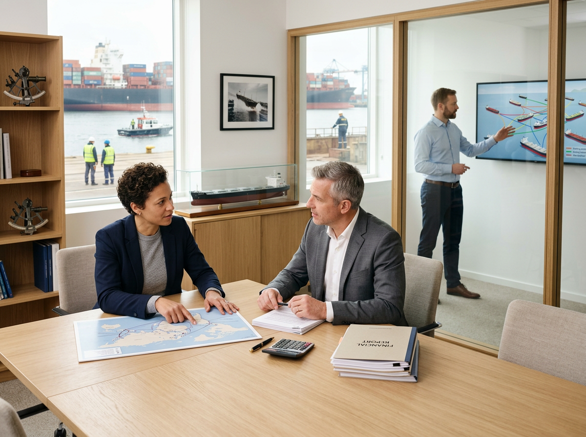 Two professionals in a meeting room discussing a nautical map, with a model ship and maritime charts on a shelf, and a presentation on maritime navigation shown on a television screen in the background.