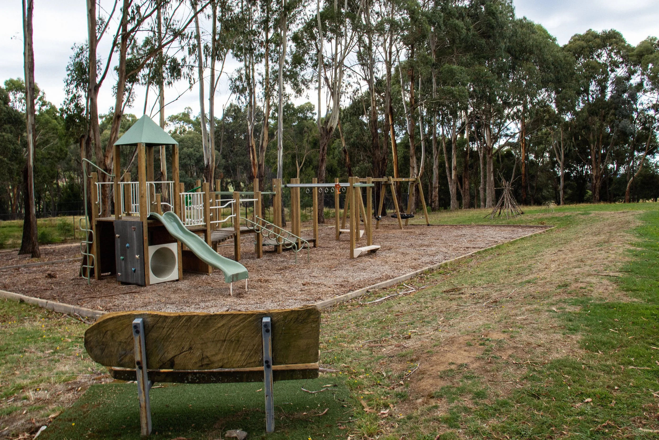 A playground with a slide, swings, and climbing equipment surrounded by tall trees in a park.