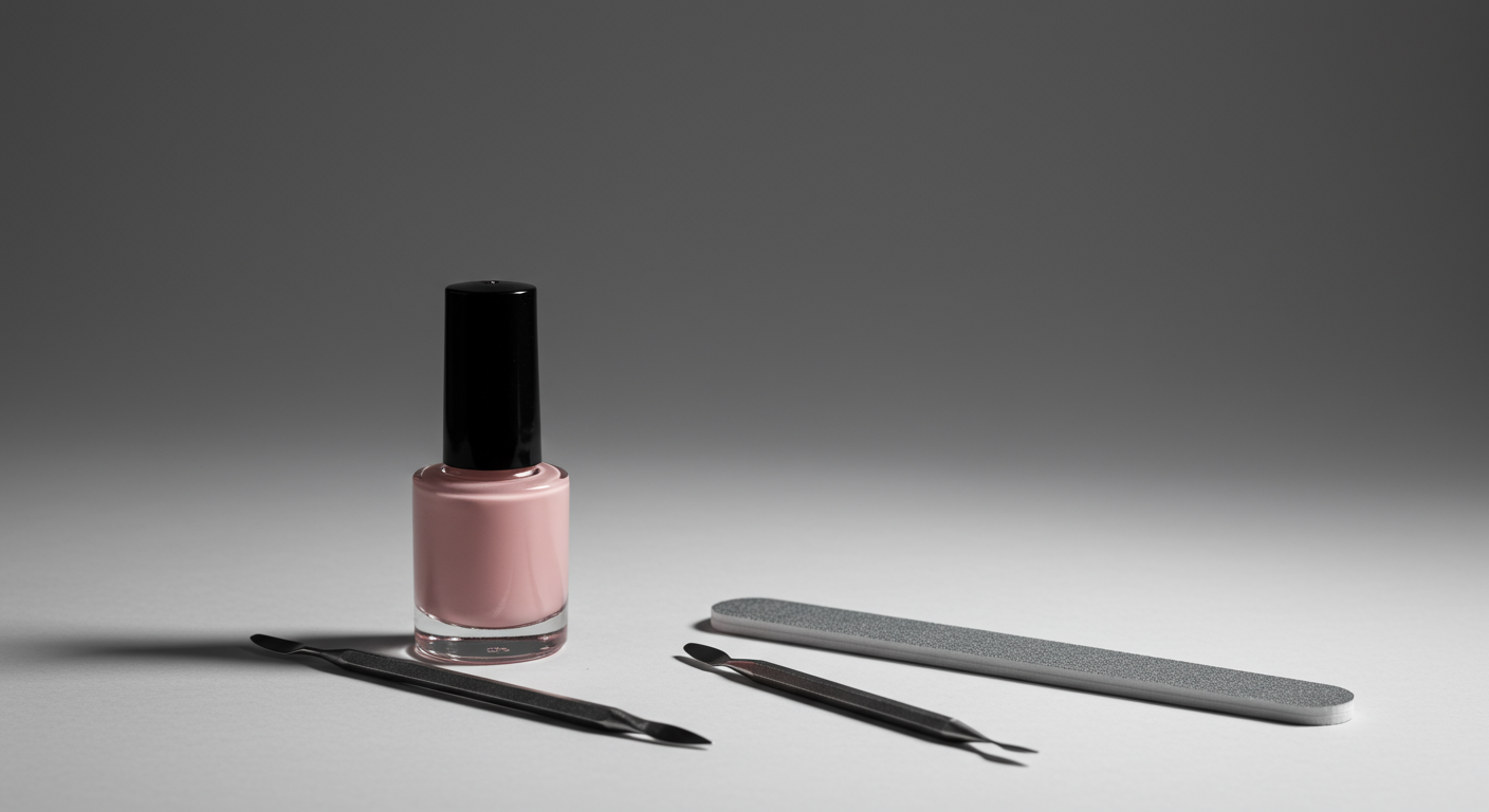 Pink nail polish bottle with black cap next to two metal manicure tools and a gray nail file on a light gray surface with a dark gray background.