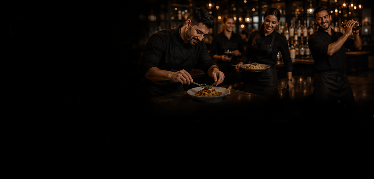 Four restaurant staff members in black uniforms preparing and serving food in a dimly lit bar or restaurant.